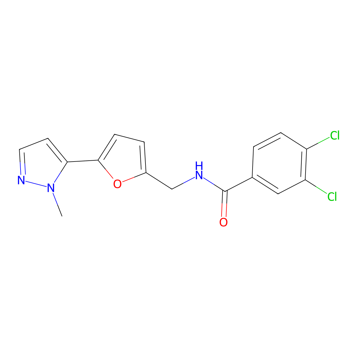 3,4-dichloro-N-{[5-(1-methyl-1H-pyrazol-5-yl)furan-2-yl]methyl}benzamide molecular structure, CAS 2415621-37-1