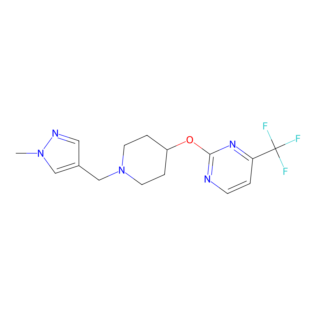 2-({1-[(1-methyl-1H-pyrazol-4-yl)methyl]piperidin-4-yl}oxy)-4-(trifluoromethyl)pyrimidine molecular structure, CAS 2415621-41-7