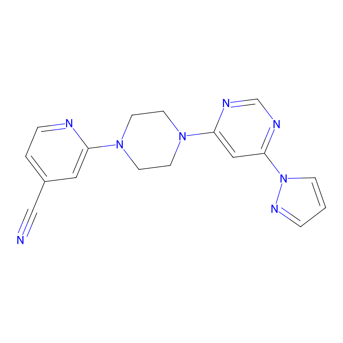 2-{4-[6-(1H-pyrazol-1-yl)pyrimidin-4-yl]piperazin-1-yl}pyridine-4-carbonitrile molecular structure, CAS 2415621-42-8