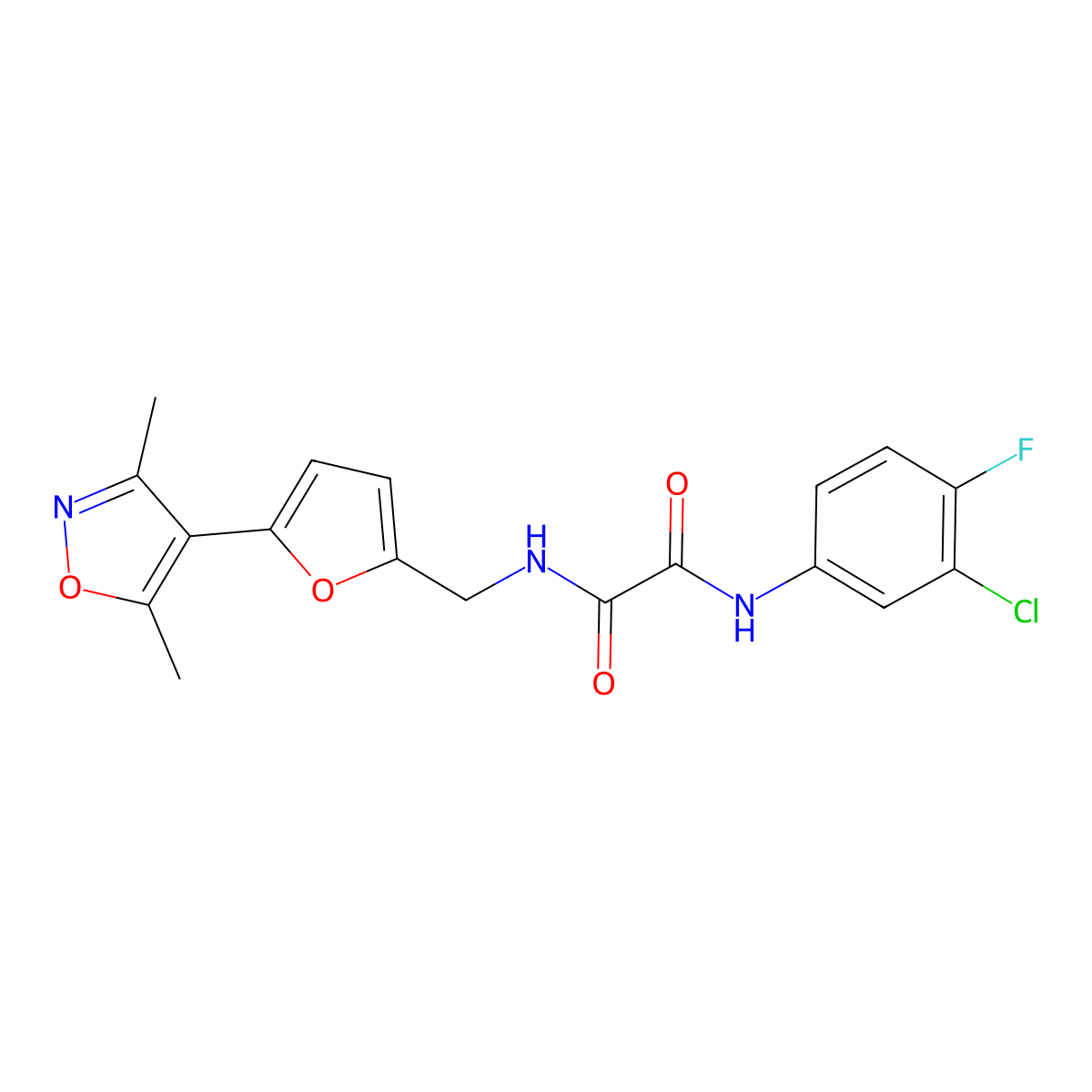 N'-(3-chloro-4-fluorophenyl)-N-{[5-(3,5-dimethyl-1,2-oxazol-4-yl)furan-2-yl]methyl}ethanediamide molecular structure, CAS 2415621-43-9