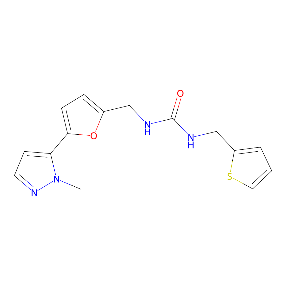 3-{[5-(1-methyl-1H-pyrazol-5-yl)furan-2-yl]methyl}-1-[(thiophen-2-yl)methyl]urea molecular structure, CAS 2415621-50-8