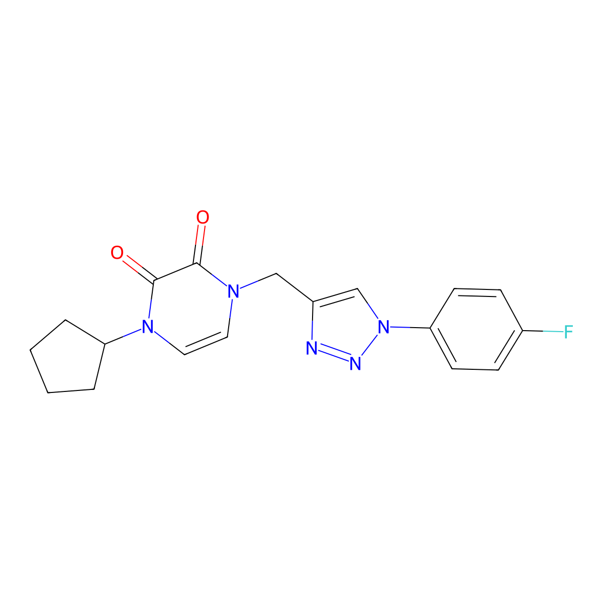 1-cyclopentyl-4-{[1-(4-fluorophenyl)-1H-1,2,3-triazol-4-yl]methyl}-1,2,3,4-tetrahydropyrazine-2,3-dione molecular structure, CAS 2415621-52-0