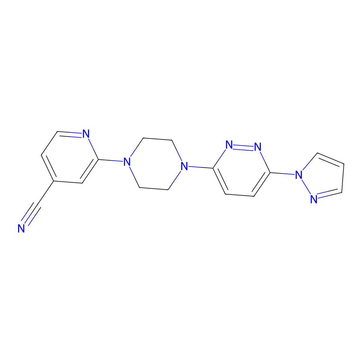 2-{4-[6-(1H-pyrazol-1-yl)pyridazin-3-yl]piperazin-1-yl}pyridine-4-carbonitrile molecular structure, CAS 2415621-55-3