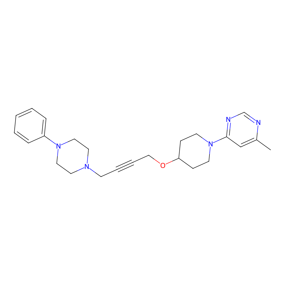 4-Methyl-6-(4-{[4-(4-phenylpiperazin-1-yl)but-2-yn-1-yl]oxy}piperidin-1-yl)pyrimidine molecular structure, CAS 2415621-71-3