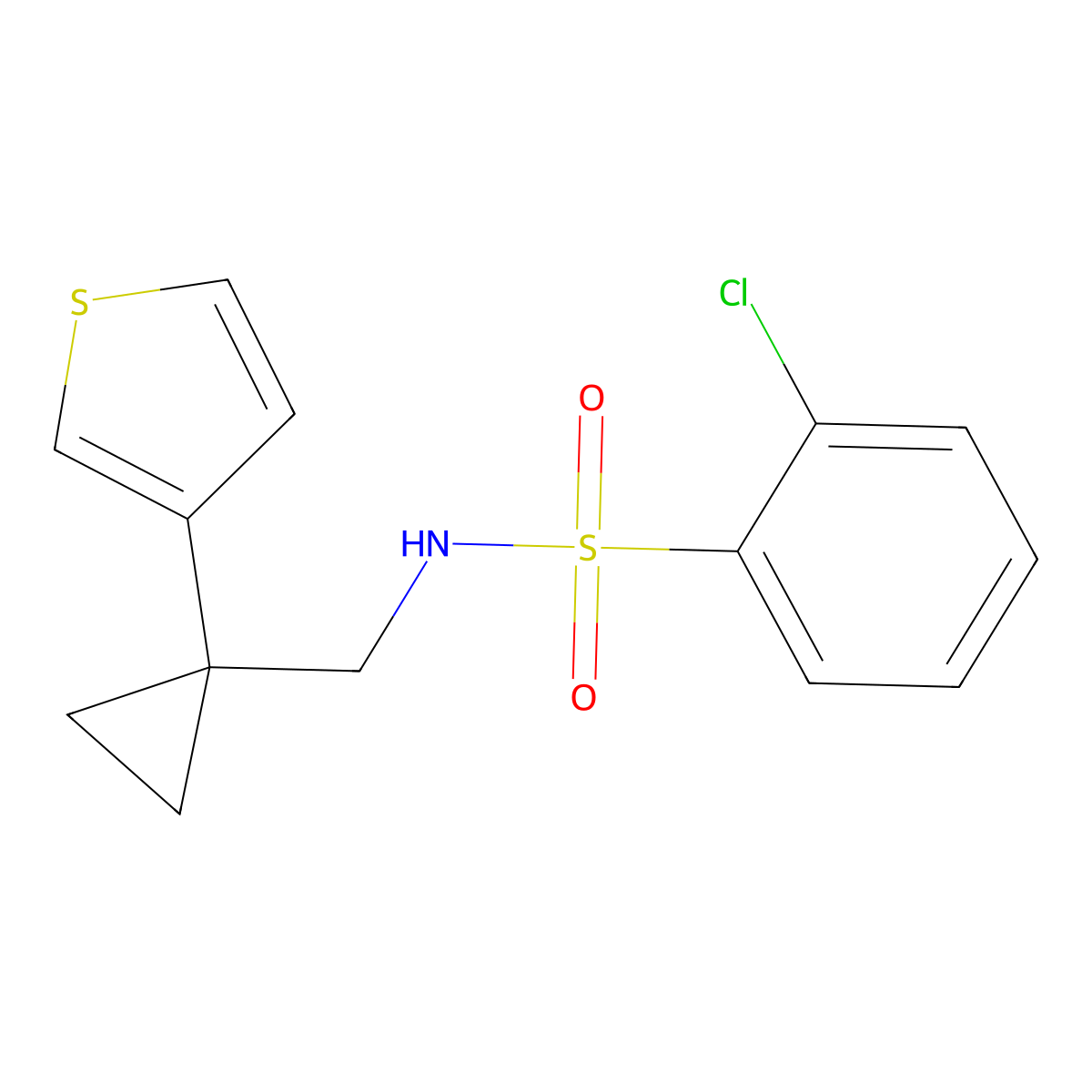 2-chloro-N-{[1-(thiophen-3-yl)cyclopropyl]methyl}benzene-1-sulfonamide molecular structure, CAS 2415621-78-0
