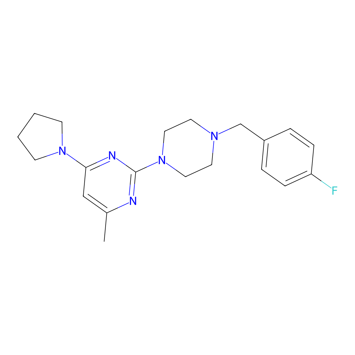 2-{4-[(4-Fluorophenyl)methyl]piperazin-1-yl}-4-methyl-6-(pyrrolidin-1-yl)pyrimidine molecular structure, CAS 2415621-90-6