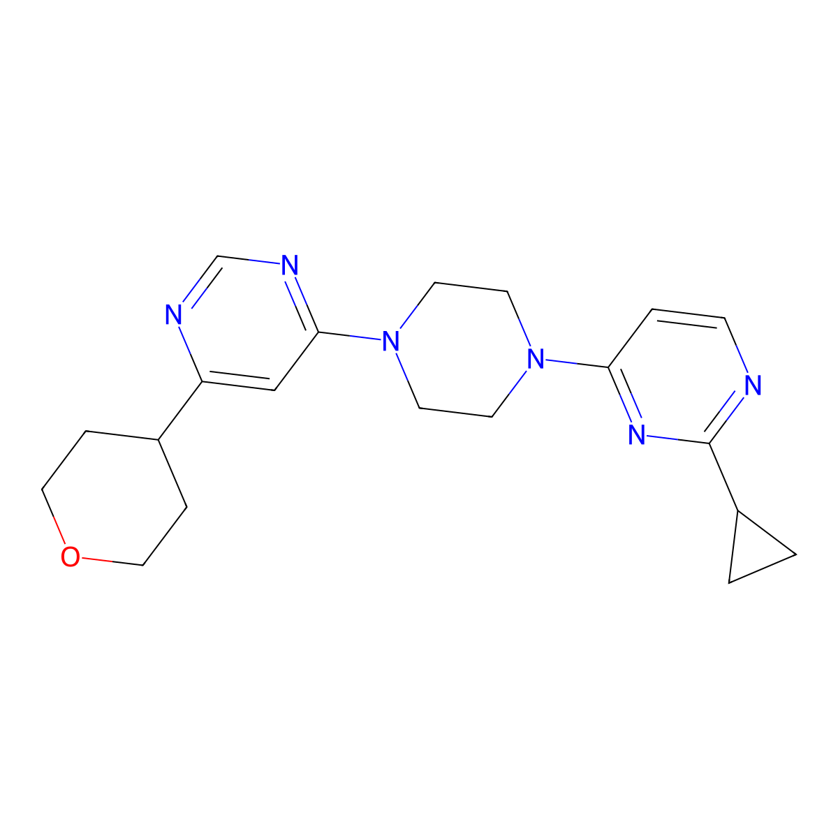 4-[4-(2-Cyclopropylpyrimidin-4-yl)piperazin-1-yl]-6-(oxan-4-yl)pyrimidine molecular structure, CAS 2415621-96-2
