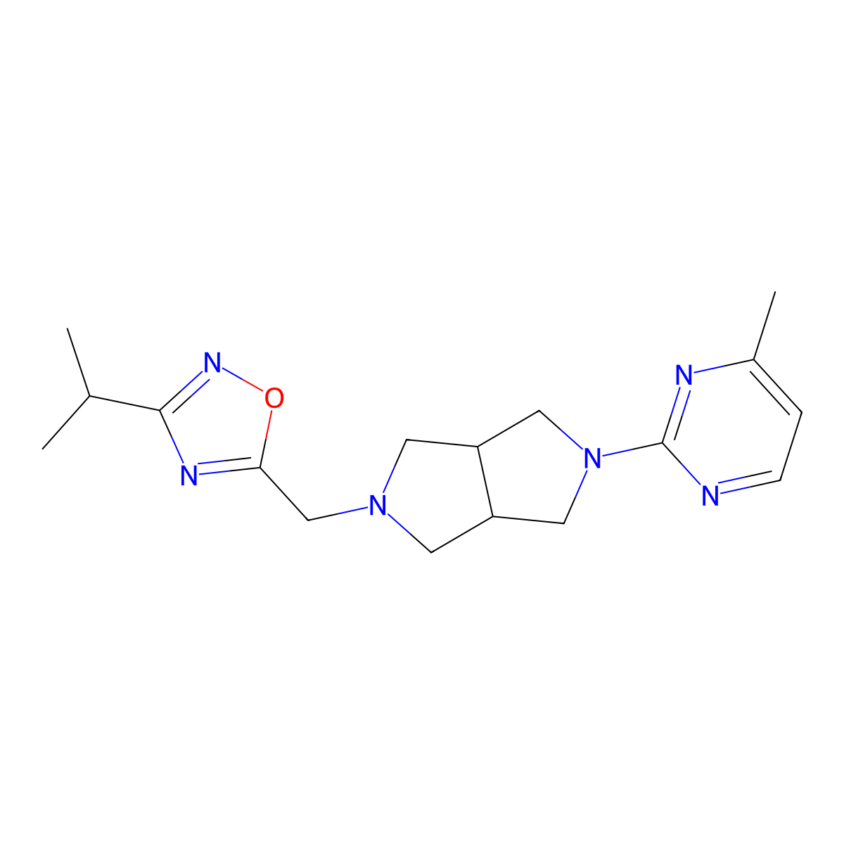4-Methyl-2-(5-{[3-(propan-2-yl)-1,2,4-oxadiazol-5-yl]methyl}-octahydropyrrolo[3,4-c]pyrrol-2-yl)pyrimidine molecular structure, CAS 2415621-98-4