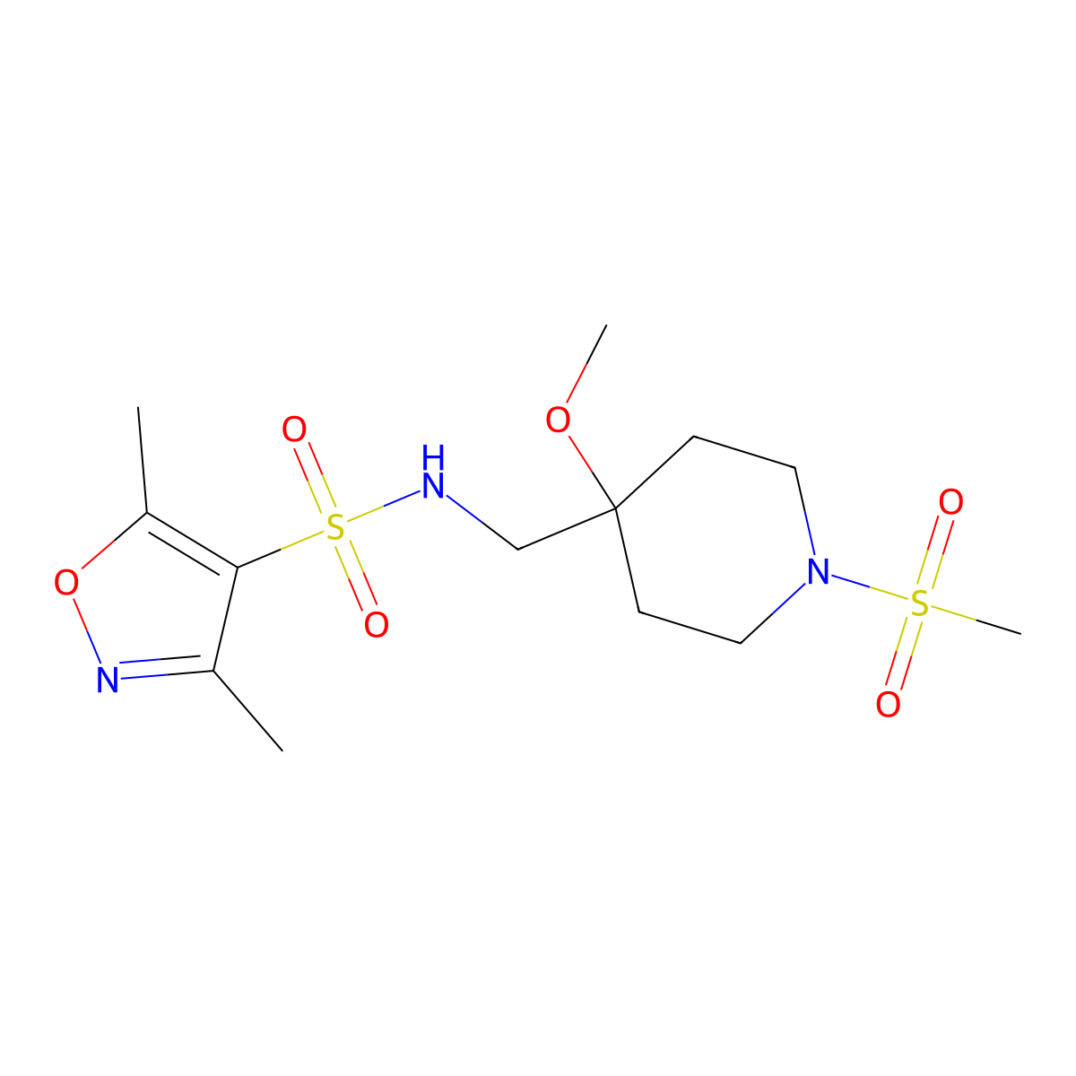 N-[(1-methanesulfonyl-4-methoxypiperidin-4-yl)methyl]-3,5-dimethyl-1,2-oxazole-4-sulfonamide molecular structure, CAS 2415622-06-7