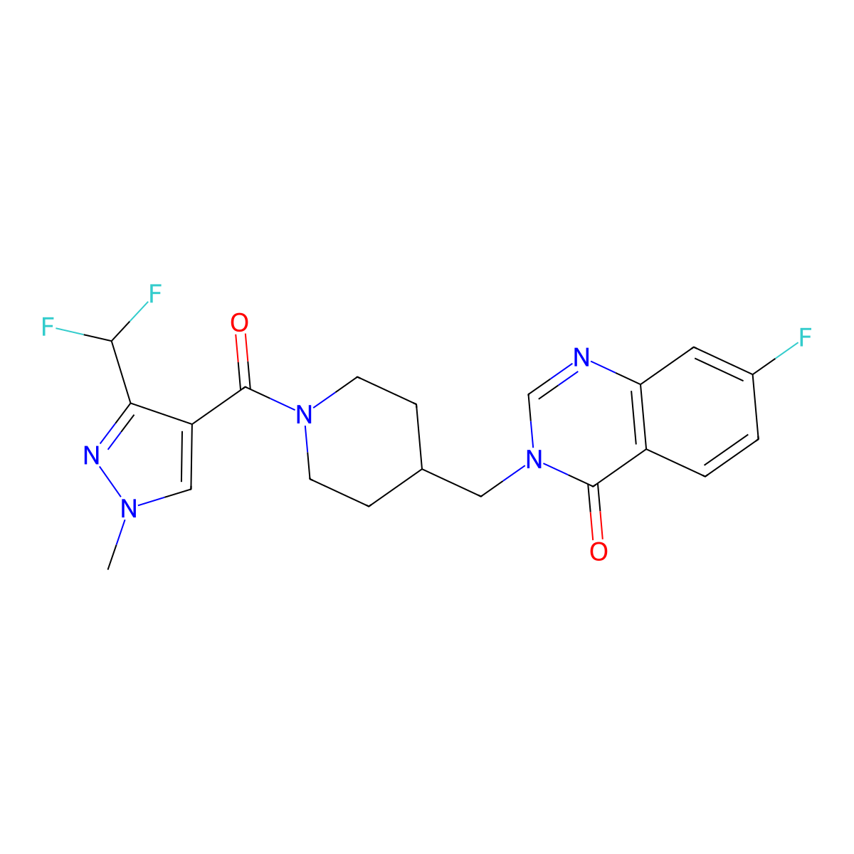 3-({1-[3-(difluoromethyl)-1-methyl-1H-pyrazole-4-carbonyl]piperidin-4-yl}methyl)-7-fluoro-3,4-dihydroquinazolin-4-one molecular structure, CAS 2415622-08-9
