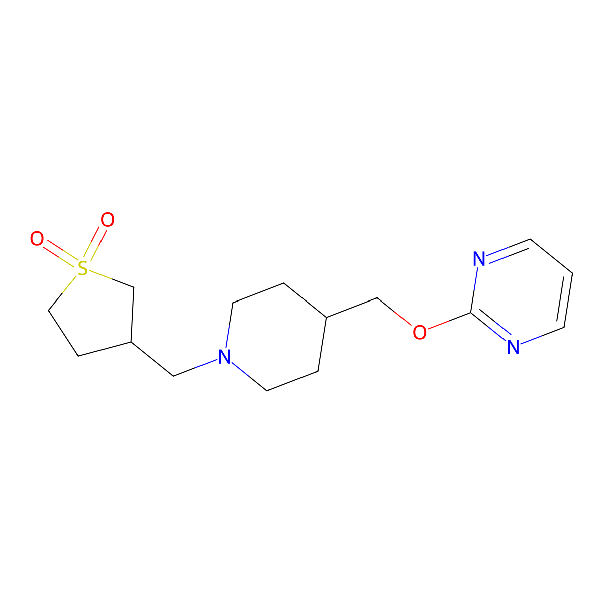 3-({4-[(Pyrimidin-2-yloxy)methyl]piperidin-1-yl}methyl)-1lambda6-thiolane-1,1-dione molecular structure, CAS 2415622-22-7