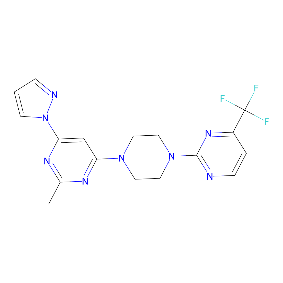 2-methyl-4-(1H-pyrazol-1-yl)-6-{4-[4-(trifluoromethyl)pyrimidin-2-yl]piperazin-1-yl}pyrimidine molecular structure, CAS 2415622-26-1