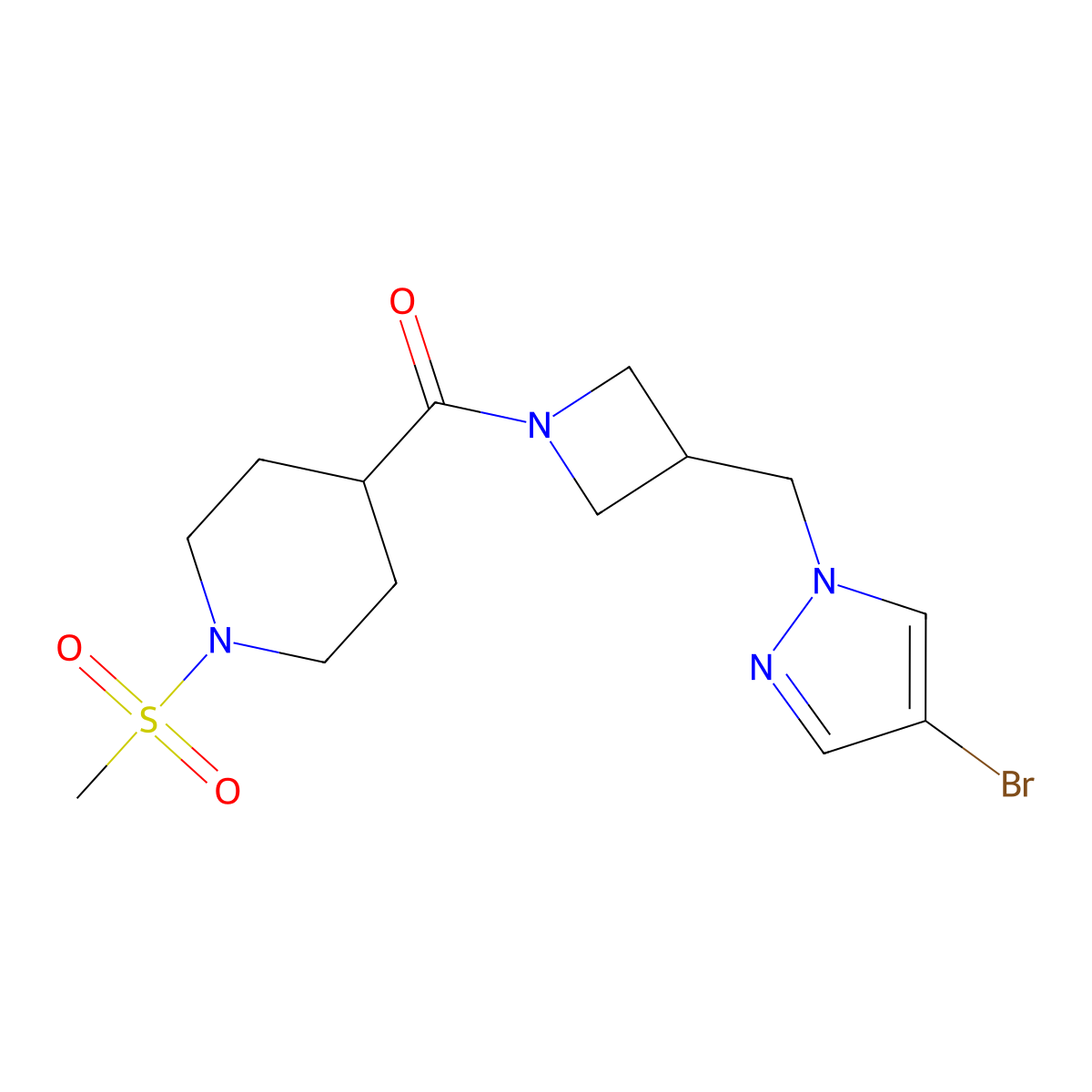 4-{3-[(4-bromo-1H-pyrazol-1-yl)methyl]azetidine-1-carbonyl}-1-methanesulfonylpiperidine molecular structure, CAS 2415622-31-8