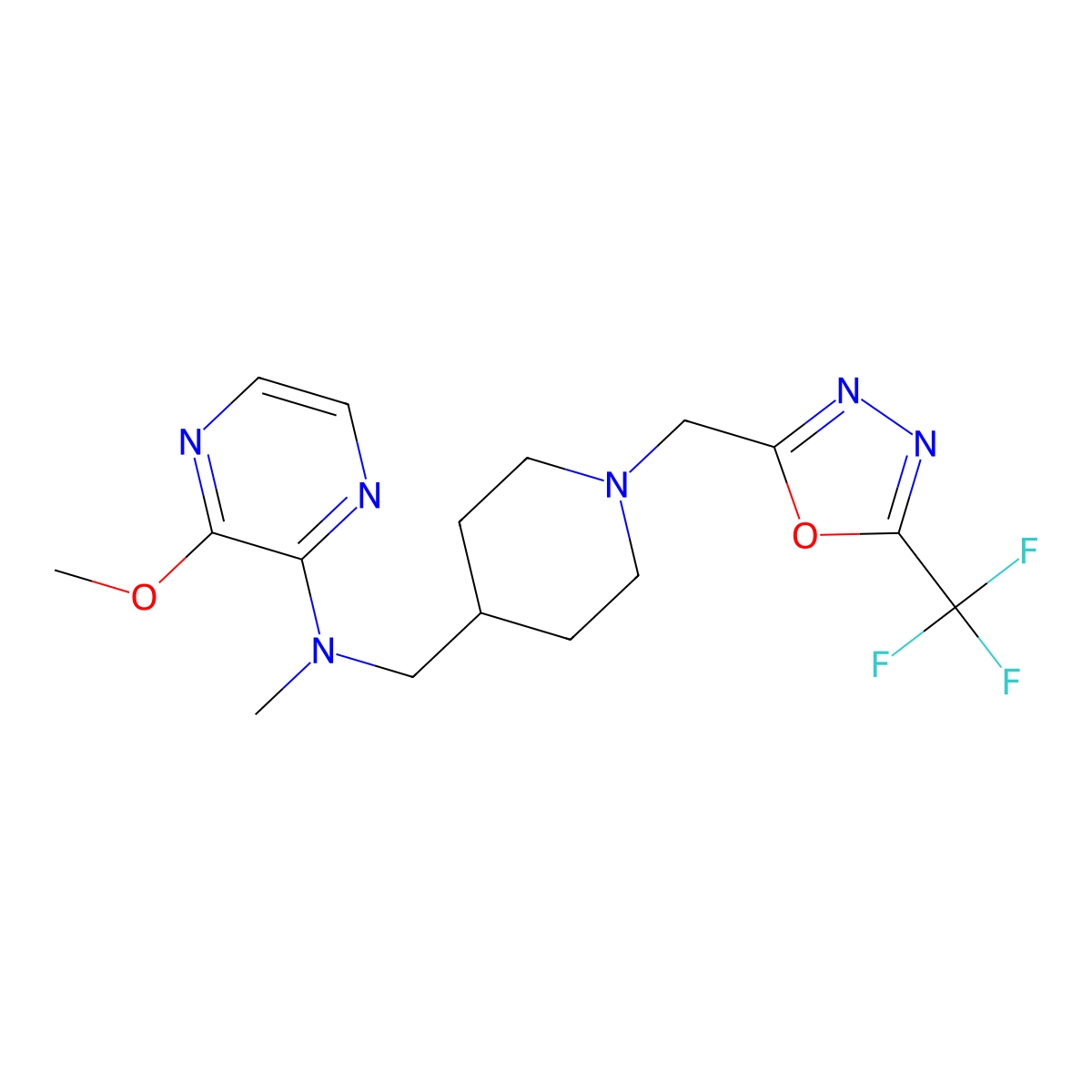3-methoxy-N-methyl-N-[(1-{[5-(trifluoromethyl)-1,3,4-oxadiazol-2-yl]methyl}piperidin-4-yl)methyl]pyrazin-2-amine molecular structure, CAS 2415622-36-3