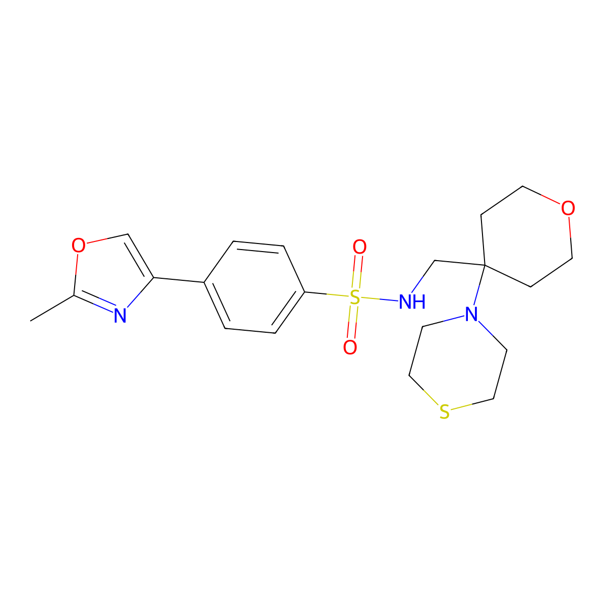 4-(2-methyl-1,3-oxazol-4-yl)-N-{[4-(thiomorpholin-4-yl)oxan-4-yl]methyl}benzene-1-sulfonamide molecular structure, CAS 2415622-42-1