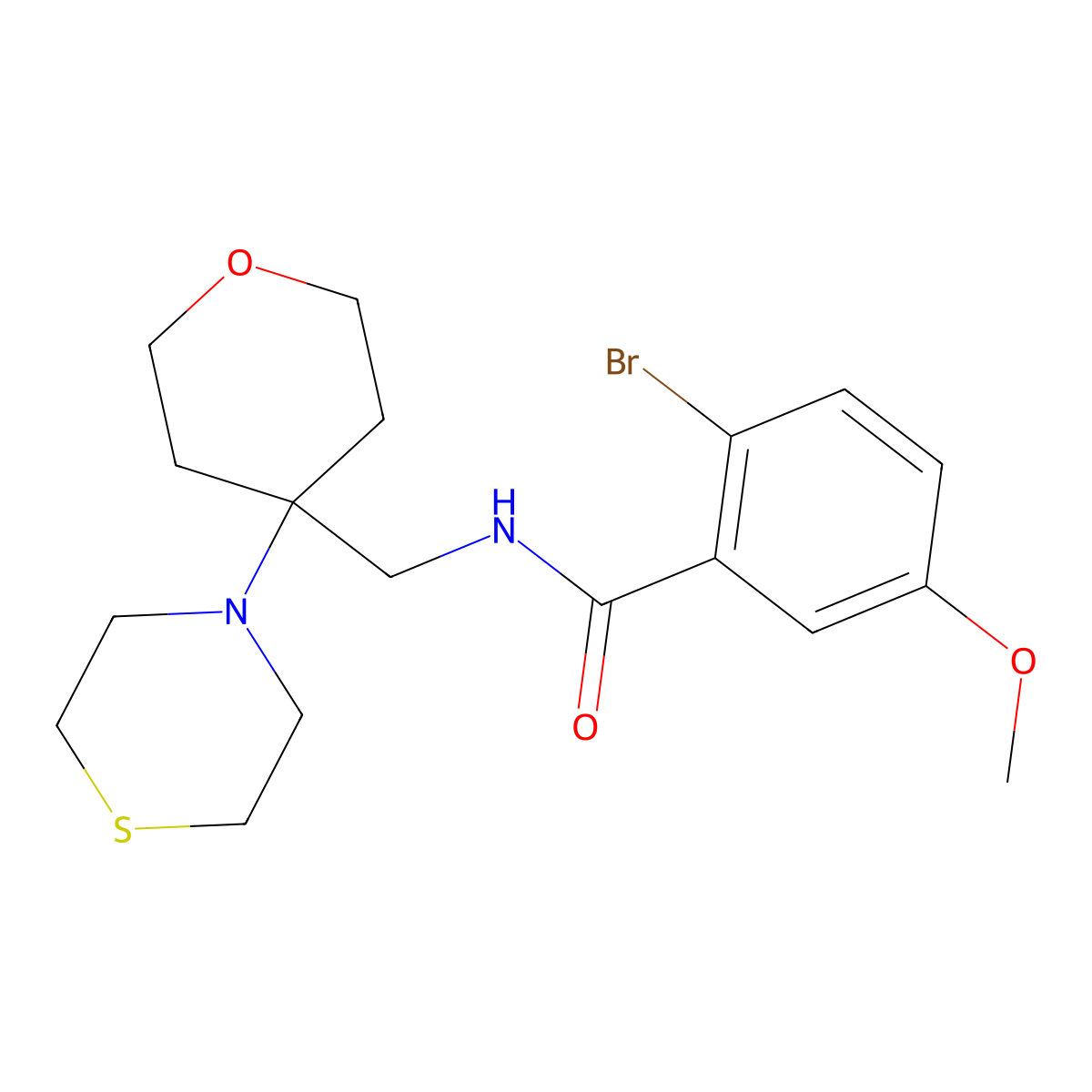 2-bromo-5-methoxy-N-{[4-(thiomorpholin-4-yl)oxan-4-yl]methyl}benzamide molecular structure, CAS 2415622-45-4