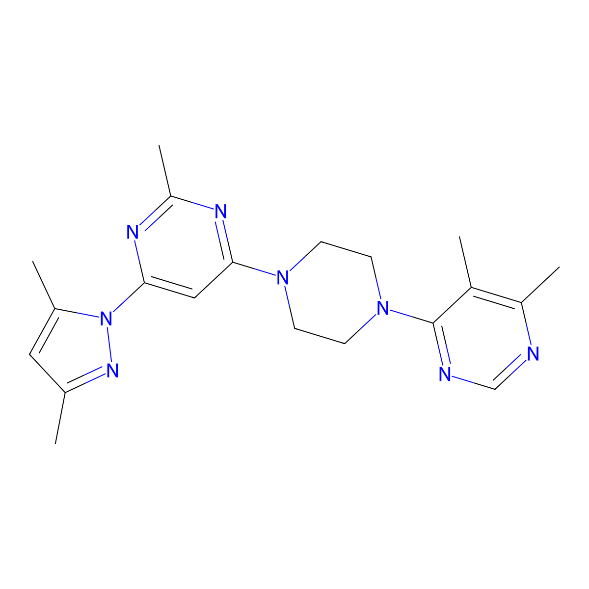 4-(3,5-dimethyl-1H-pyrazol-1-yl)-6-[4-(5,6-dimethylpyrimidin-4-yl)piperazin-1-yl]-2-methylpyrimidine molecular structure, CAS 2415622-48-7