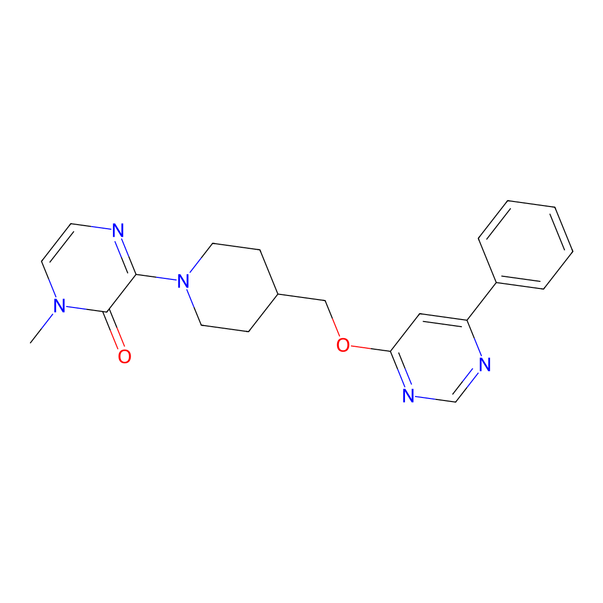 1-Methyl-3-(4-{[(6-phenylpyrimidin-4-yl)oxy]methyl}piperidin-1-yl)-1,2-dihydropyrazin-2-one molecular structure, CAS 2415622-49-8