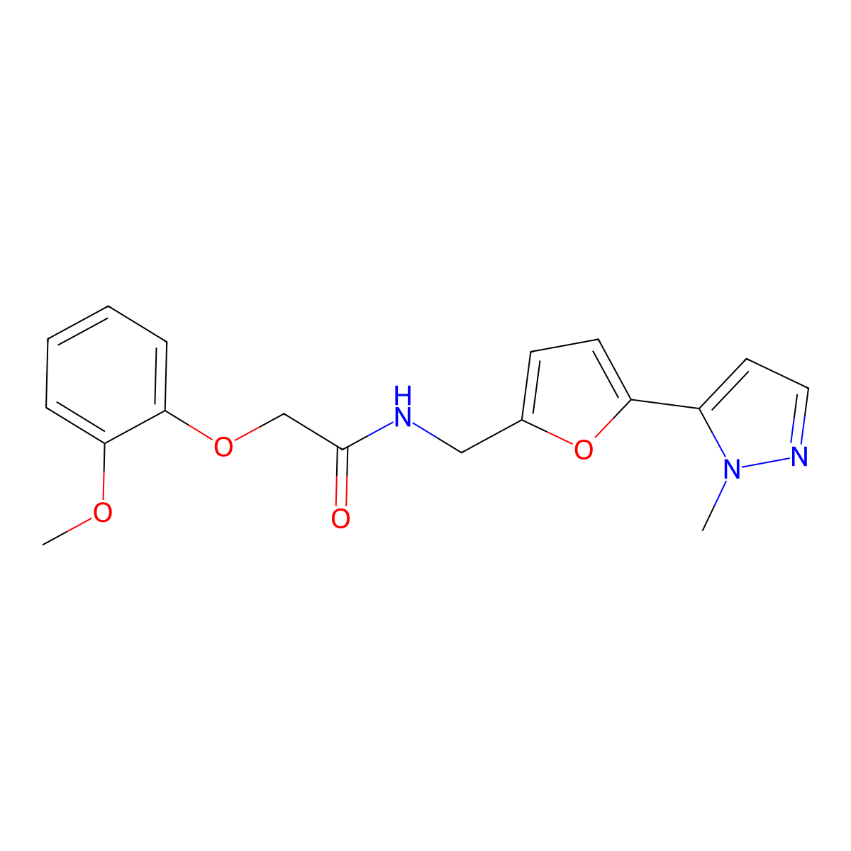 2-(2-methoxyphenoxy)-N-{[5-(1-methyl-1H-pyrazol-5-yl)furan-2-yl]methyl}acetamide molecular structure, CAS 2415622-50-1