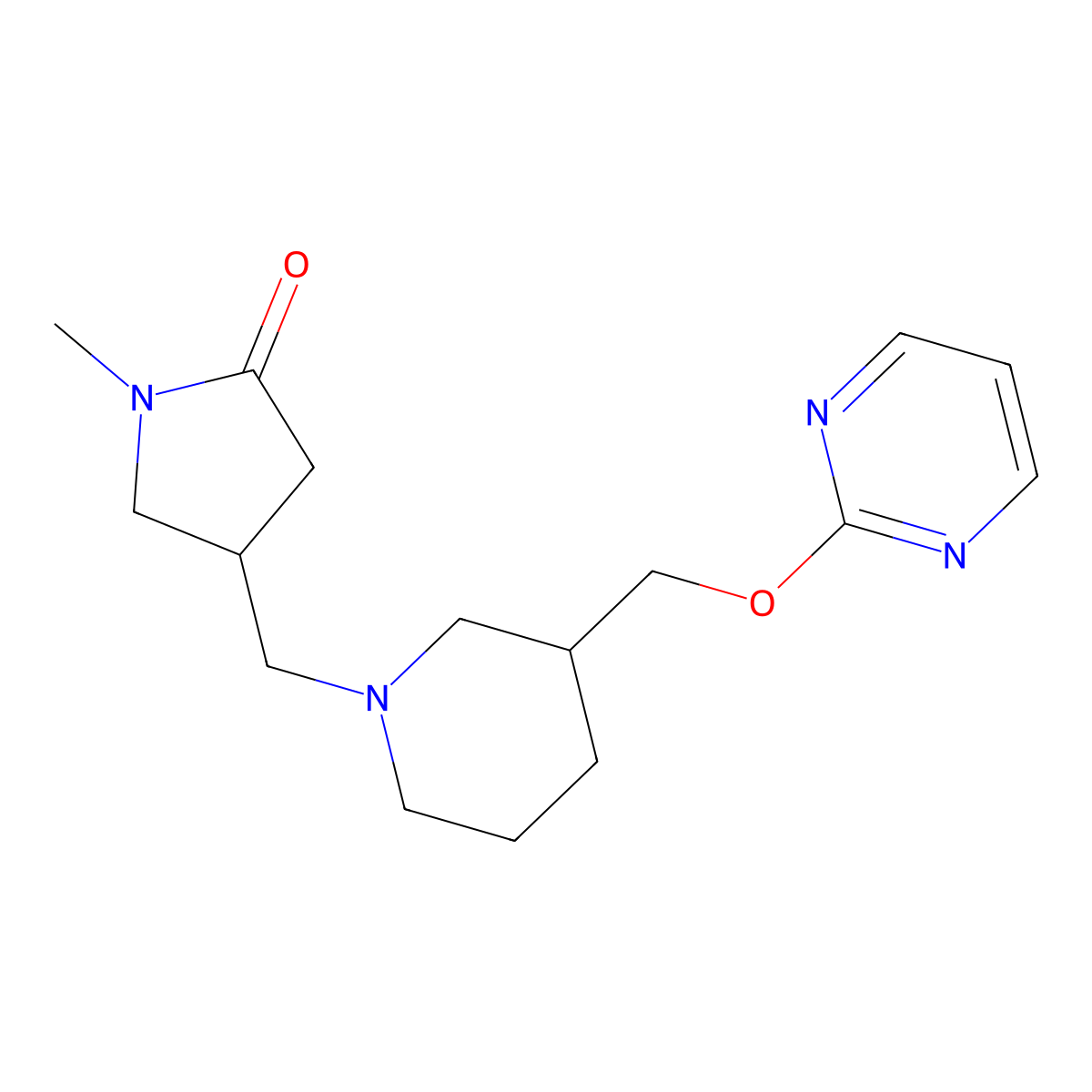 1-Methyl-4-({3-[(pyrimidin-2-yloxy)methyl]piperidin-1-yl}methyl)pyrrolidin-2-one molecular structure, CAS 2415622-69-2