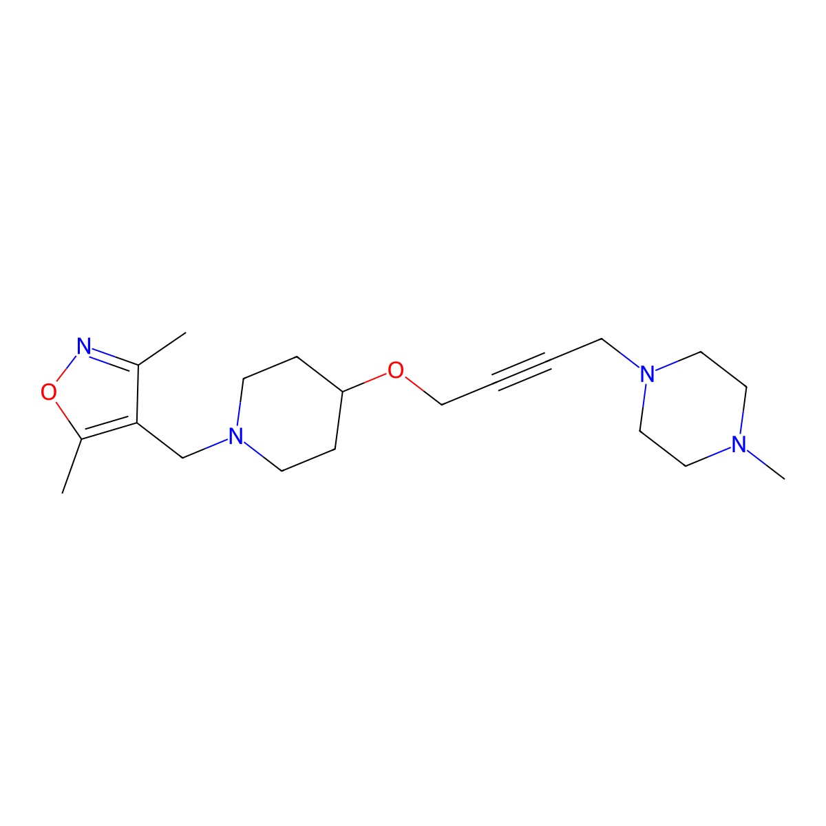 1-[4-({1-[(3,5-Dimethyl-1,2-oxazol-4-yl)methyl]piperidin-4-yl}oxy)but-2-yn-1-yl]-4-methylpiperazine molecular structure, CAS 2415622-70-5
