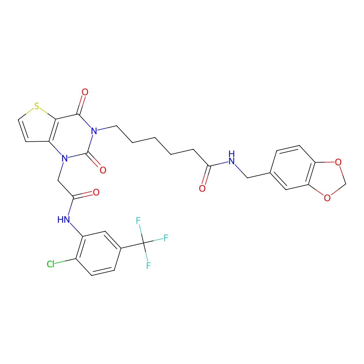 N-[(2H-1,3-benzodioxol-5-yl)methyl]-6-[1-({[2-chloro-5-(trifluoromethyl)phenyl]carbamoyl}methyl)-2,4-dioxo-1H,2H,3H,4H-thieno[3,2-d]pyrimidin-3-yl]hexanamide molecular structure, CAS 2415622-74-9