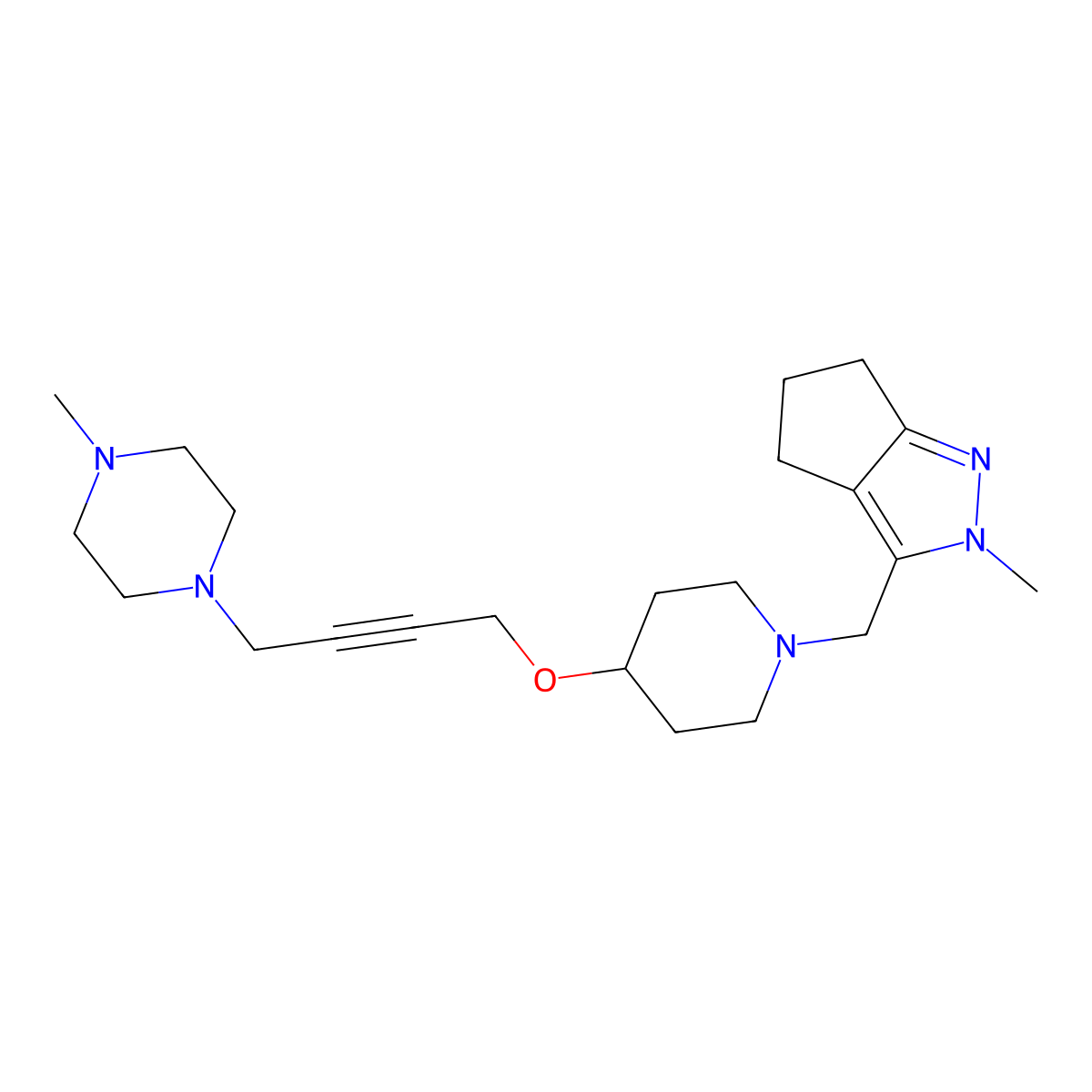 1-methyl-4-(4-{[1-({2-methyl-2H,4H,5H,6H-cyclopenta[c]pyrazol-3-yl}methyl)piperidin-4-yl]oxy}but-2-yn-1-yl)piperazine molecular structure, CAS 2415622-78-3