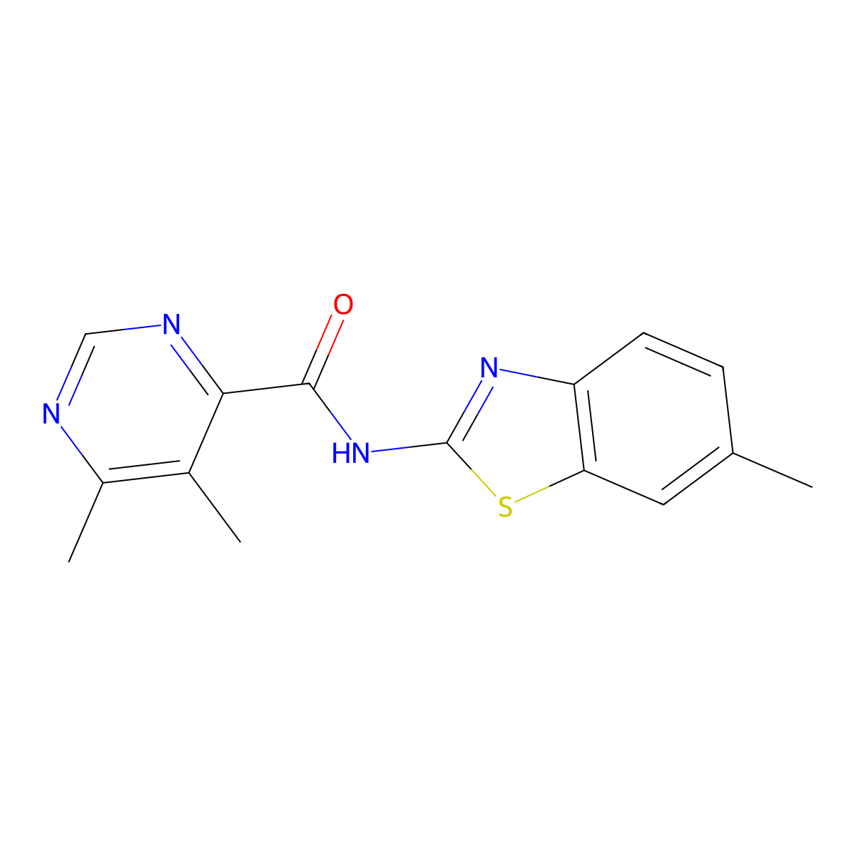 5,6-Dimethyl-N-(6-methyl-1,3-benzothiazol-2-yl)pyrimidine-4-carboxamide molecular structure, CAS 2415622-80-7