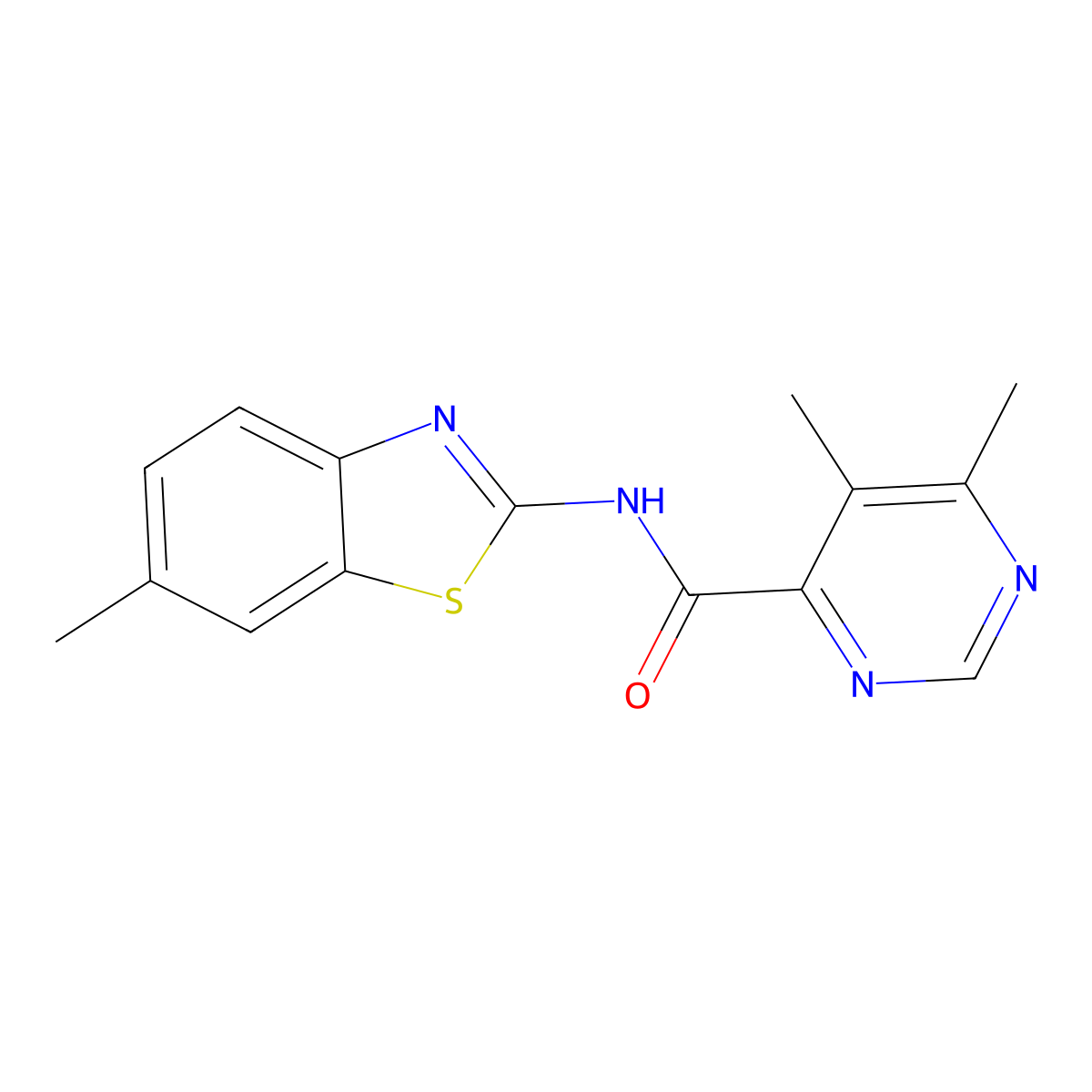 5,6-Dimethyl-N-(6-methyl-1,3-benzothiazol-2-yl)pyrimidine-4-carboxamide molecular structure, CAS 2415622-80-7