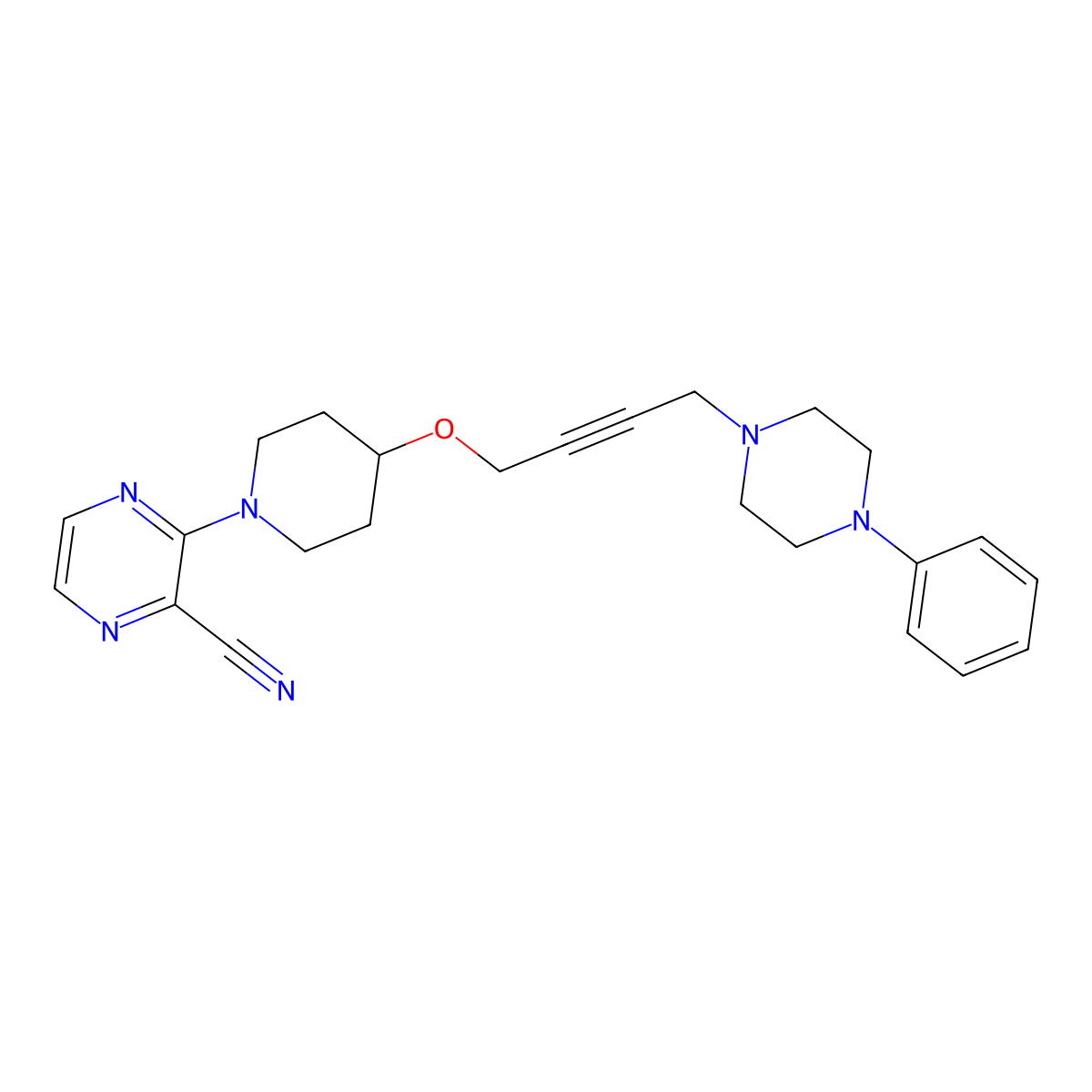 3-(4-{[4-(4-Phenylpiperazin-1-yl)but-2-yn-1-yl]oxy}piperidin-1-yl)pyrazine-2-carbonitrile molecular structure, CAS 2415622-81-8