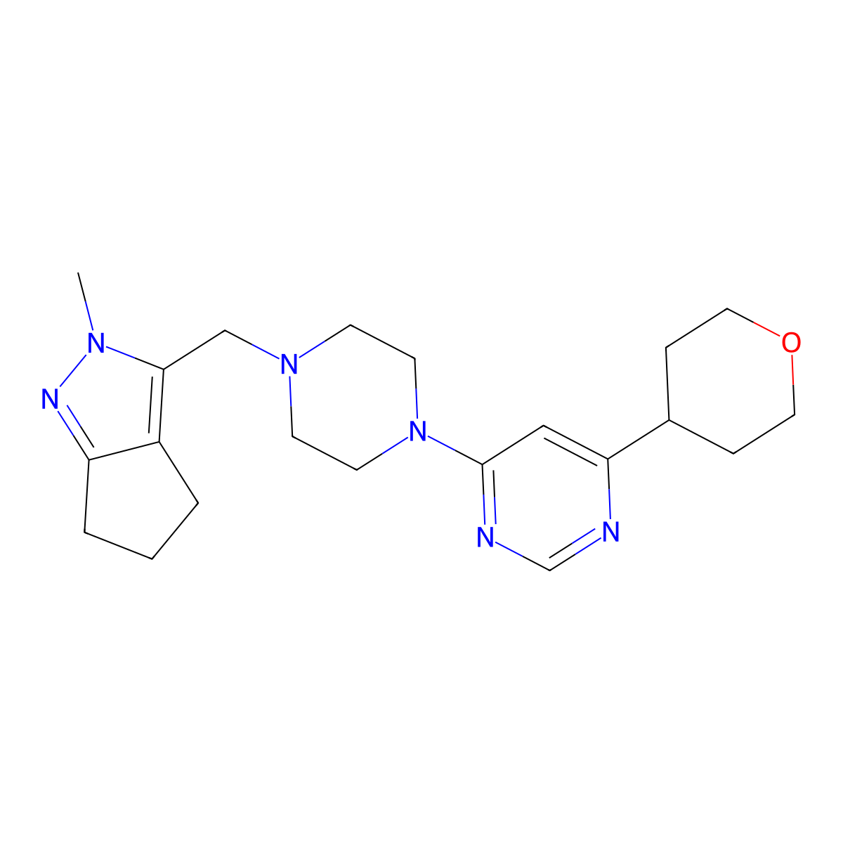 4-[4-({2-methyl-2H,4H,5H,6H-cyclopenta[c]pyrazol-3-yl}methyl)piperazin-1-yl]-6-(oxan-4-yl)pyrimidine molecular structure, CAS 2415622-93-2