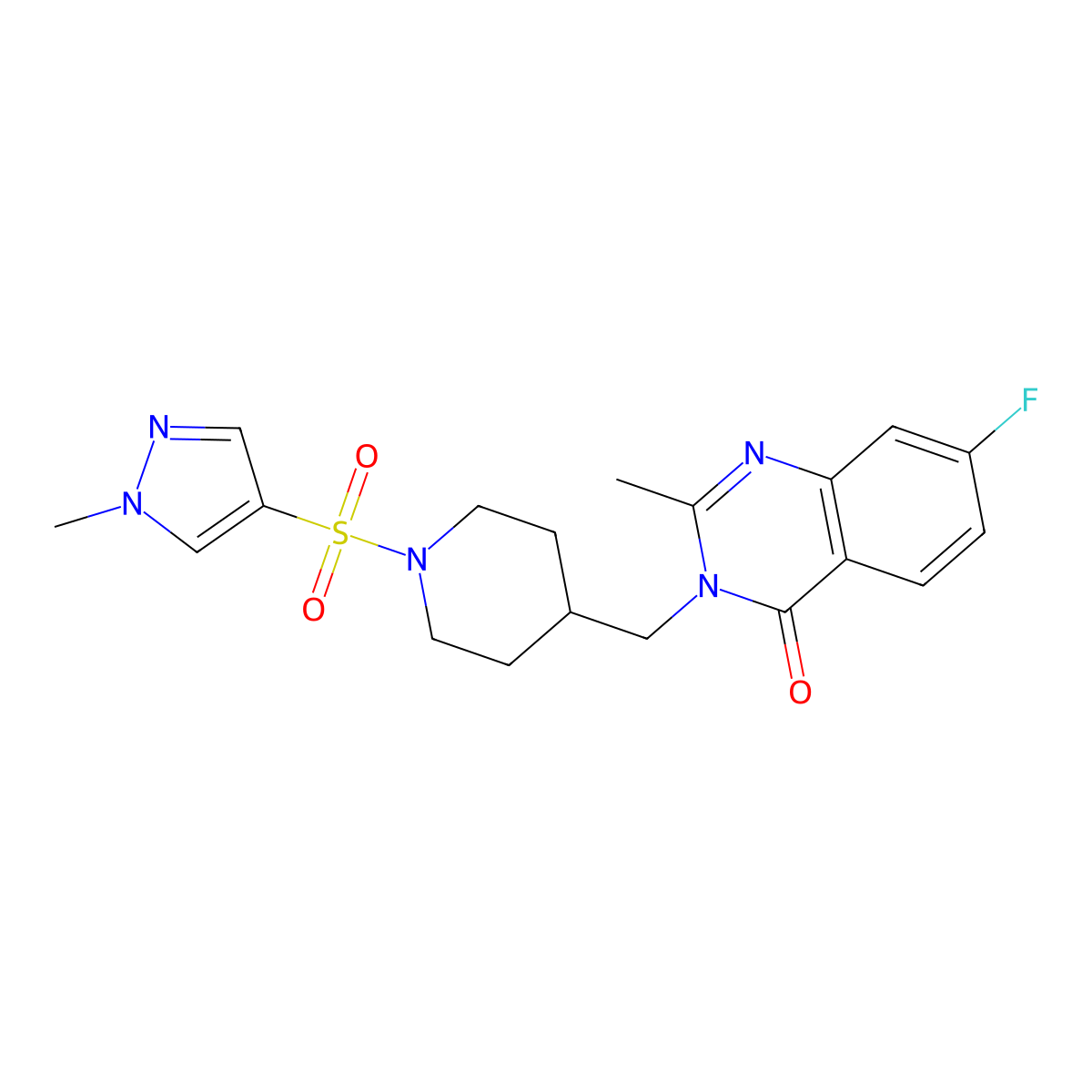 7-fluoro-2-methyl-3-({1-[(1-methyl-1H-pyrazol-4-yl)sulfonyl]piperidin-4-yl}methyl)-3,4-dihydroquinazolin-4-one molecular structure, CAS 2415623-04-8