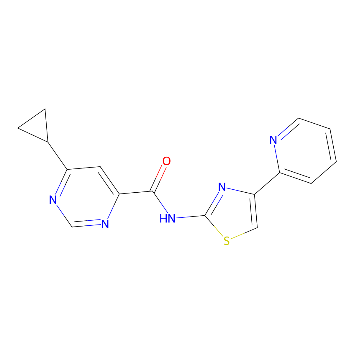6-cyclopropyl-N-[4-(pyridin-2-yl)-1,3-thiazol-2-yl]pyrimidine-4-carboxamide molecular structure, CAS 2415623-10-6