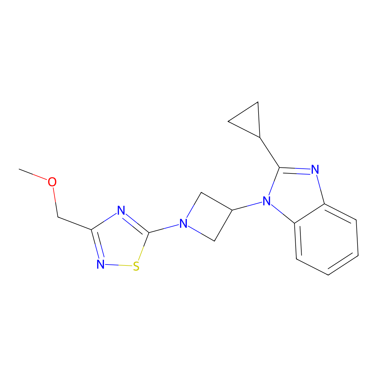 2-cyclopropyl-1-{1-[3-(methoxymethyl)-1,2,4-thiadiazol-5-yl]azetidin-3-yl}-1H-1,3-benzodiazole molecular structure, CAS 2415623-18-4