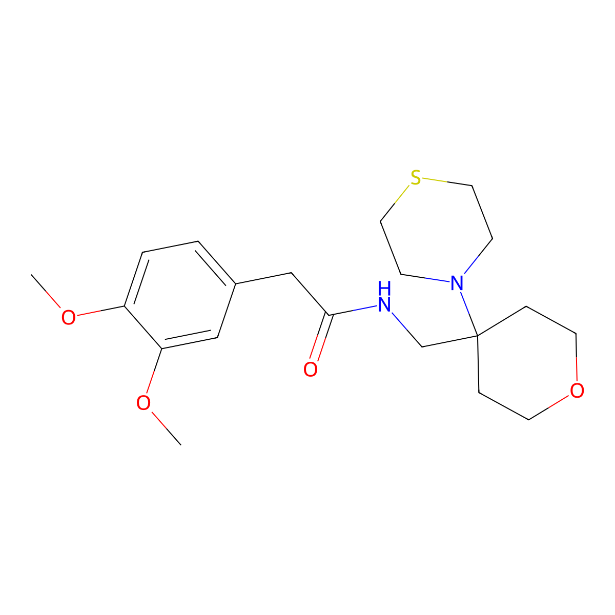 2-(3,4-dimethoxyphenyl)-N-{[4-(thiomorpholin-4-yl)oxan-4-yl]methyl}acetamide molecular structure, CAS 2415623-19-5