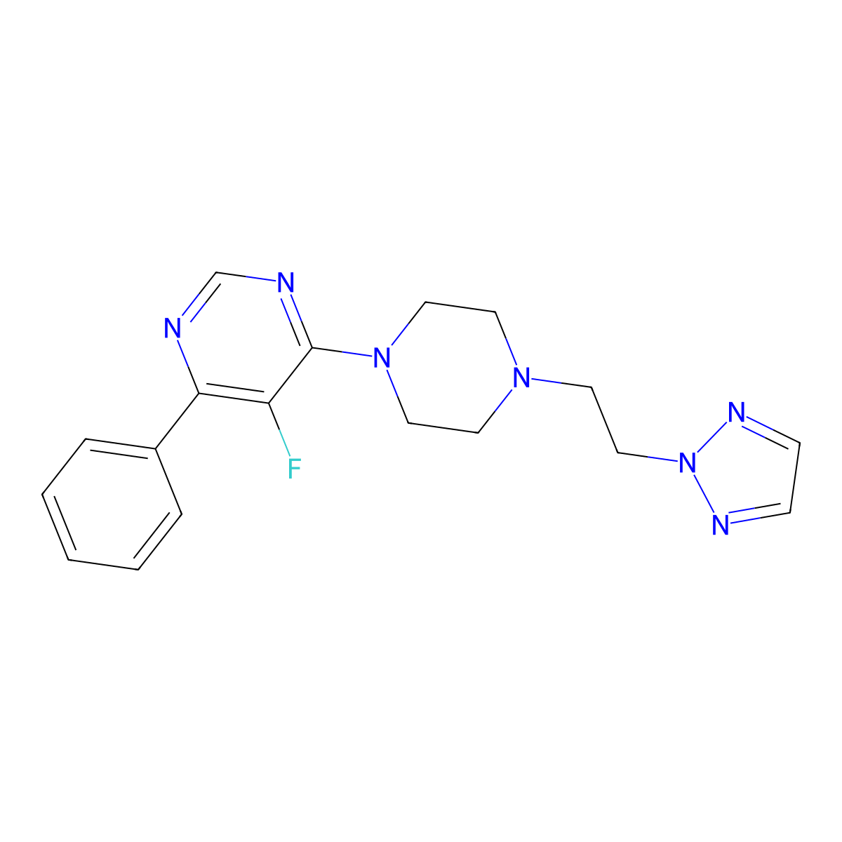 5-fluoro-4-phenyl-6-{4-[2-(2H-1,2,3-triazol-2-yl)ethyl]piperazin-1-yl}pyrimidine molecular structure, CAS 2415623-21-9