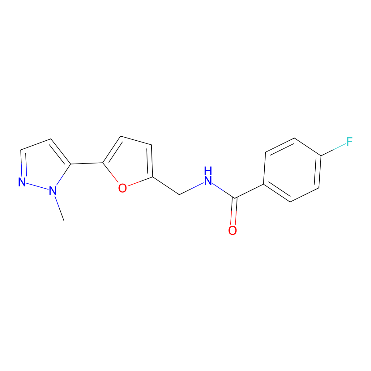 4-fluoro-N-{[5-(1-methyl-1H-pyrazol-5-yl)furan-2-yl]methyl}benzamide molecular structure, CAS 2415623-29-7