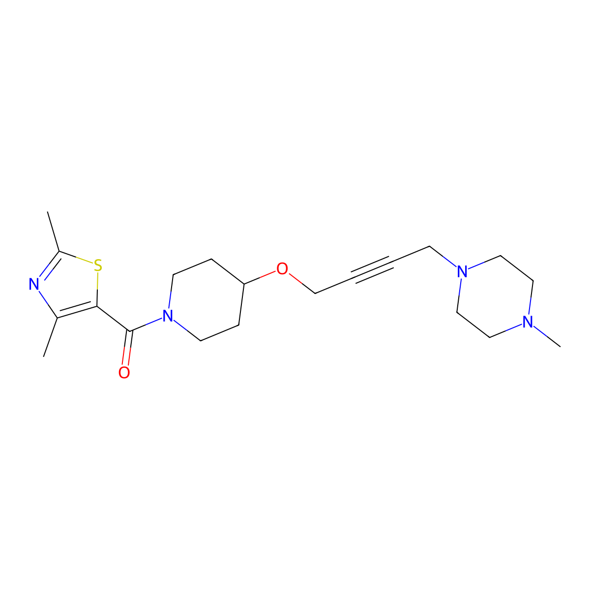 1-(4-{[1-(2,4-Dimethyl-1,3-thiazole-5-carbonyl)piperidin-4-yl]oxy}but-2-yn-1-yl)-4-methylpiperazine molecular structure, CAS 2415623-31-1