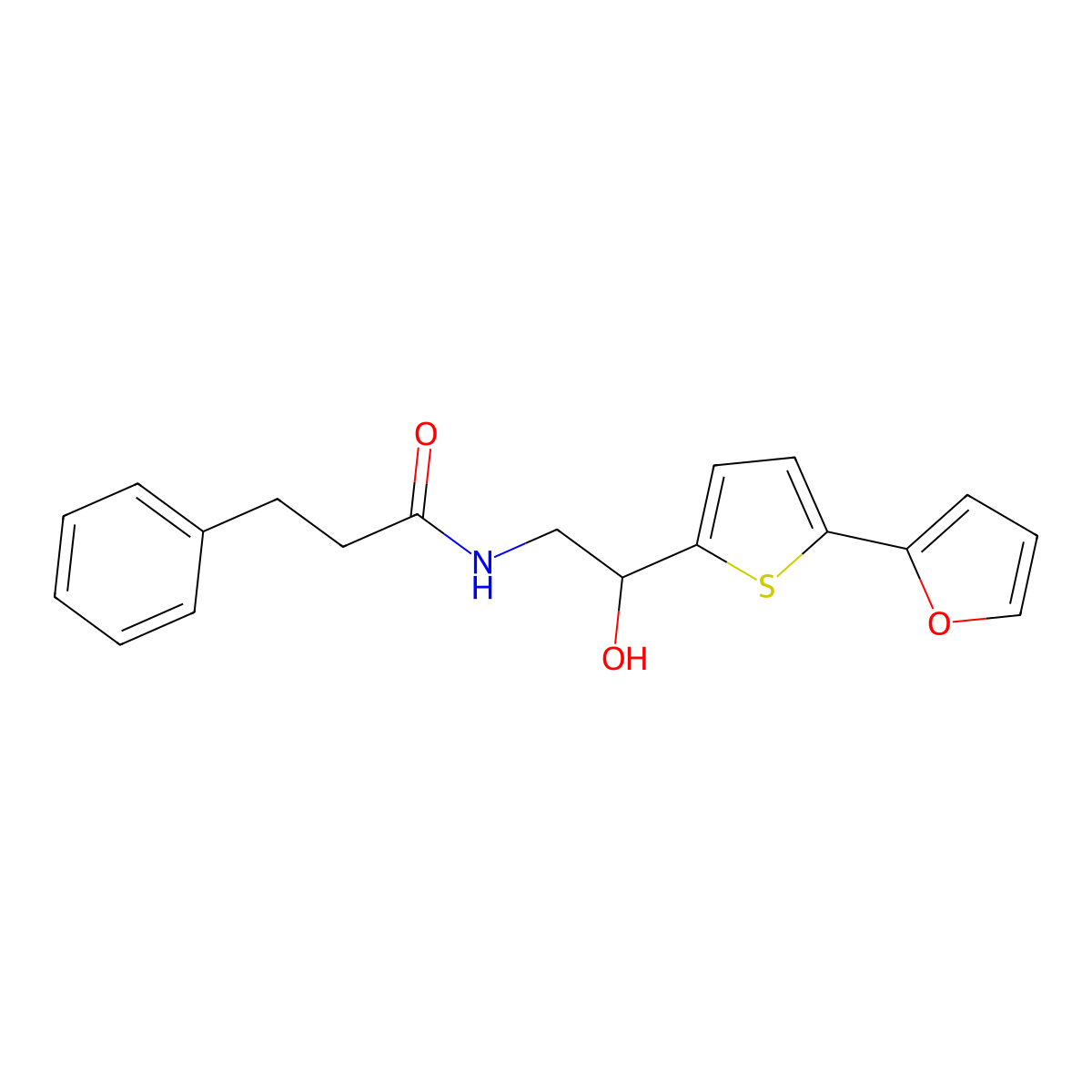 N-{2-[5-(furan-2-yl)thiophen-2-yl]-2-hydroxyethyl}-3-phenylpropanamide molecular structure, CAS 2415623-39-9