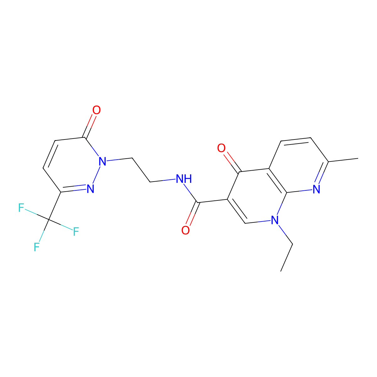 1-ethyl-7-methyl-4-oxo-N-{2-[6-oxo-3-(trifluoromethyl)-1,6-dihydropyridazin-1-yl]ethyl}-1,4-dihydro-1,8-naphthyridine-3-carboxamide molecular structure, CAS 2415623-41-3
