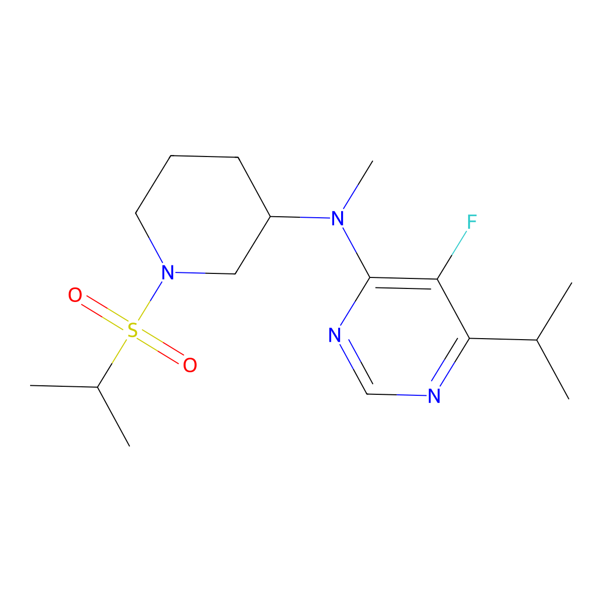 5-fluoro-N-methyl-6-(propan-2-yl)-N-[1-(propane-2-sulfonyl)piperidin-3-yl]pyrimidin-4-amine molecular structure, CAS 2415623-54-8
