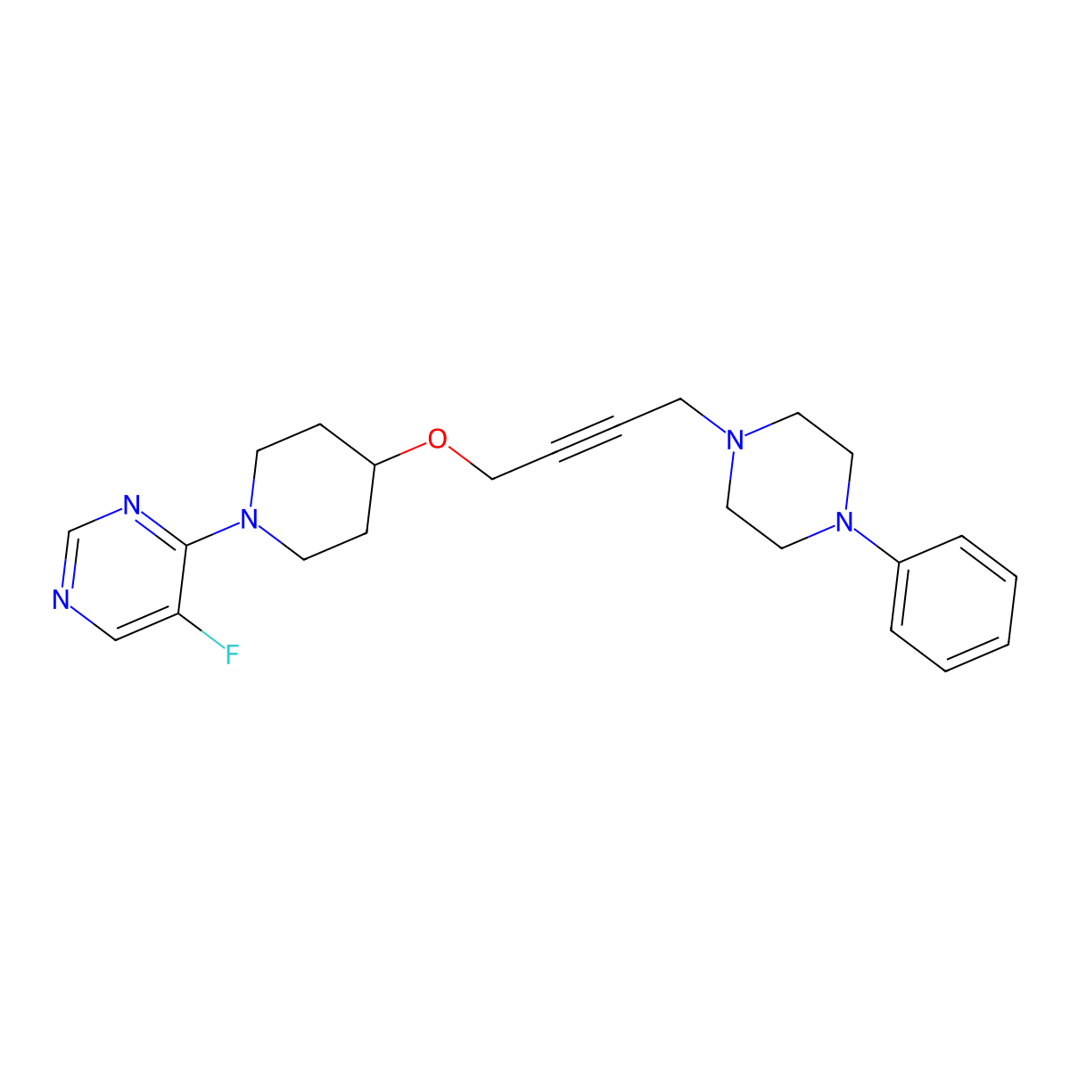 5-Fluoro-4-(4-{[4-(4-phenylpiperazin-1-yl)but-2-yn-1-yl]oxy}piperidin-1-yl)pyrimidine molecular structure, CAS 2415623-62-8