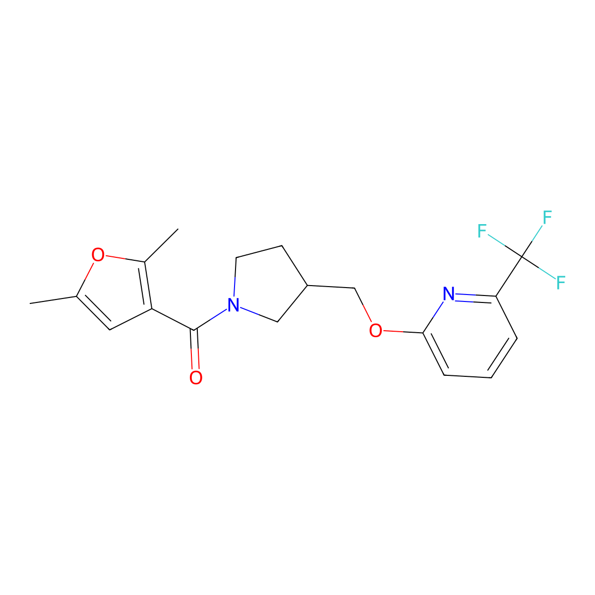 2-{[1-(2,5-Dimethylfuran-3-carbonyl)pyrrolidin-3-yl]methoxy}-6-(trifluoromethyl)pyridine molecular structure, CAS 2415623-64-0