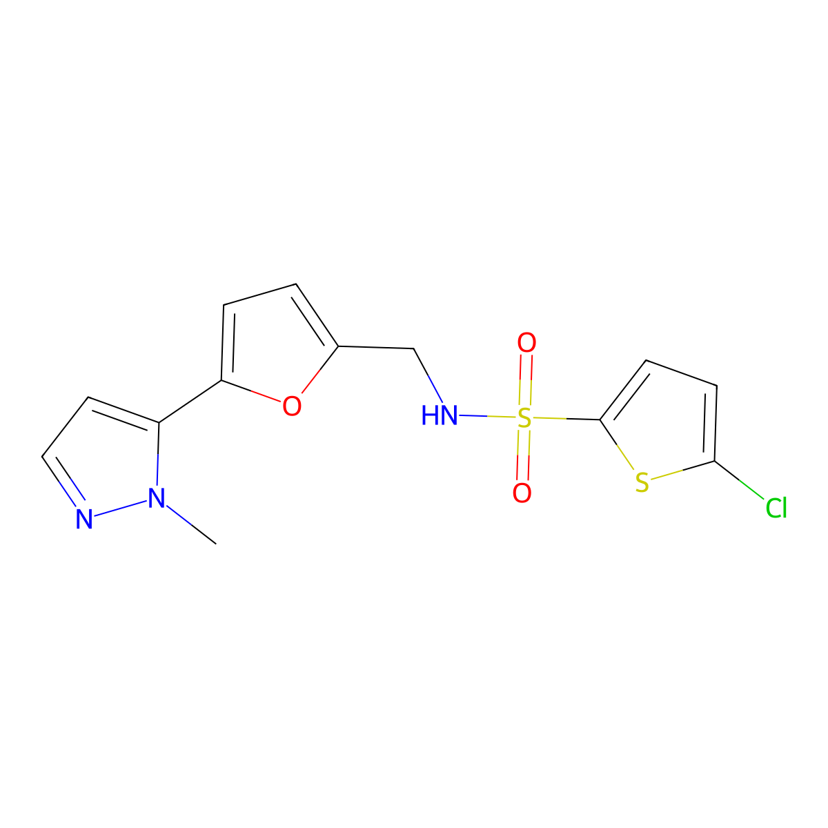 5-chloro-N-{[5-(1-methyl-1H-pyrazol-5-yl)furan-2-yl]methyl}thiophene-2-sulfonamide molecular structure, CAS 2415623-71-9