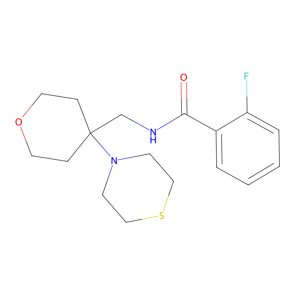 2-fluoro-N-{[4-(thiomorpholin-4-yl)oxan-4-yl]methyl}benzamide molecular structure, CAS 2415623-88-8