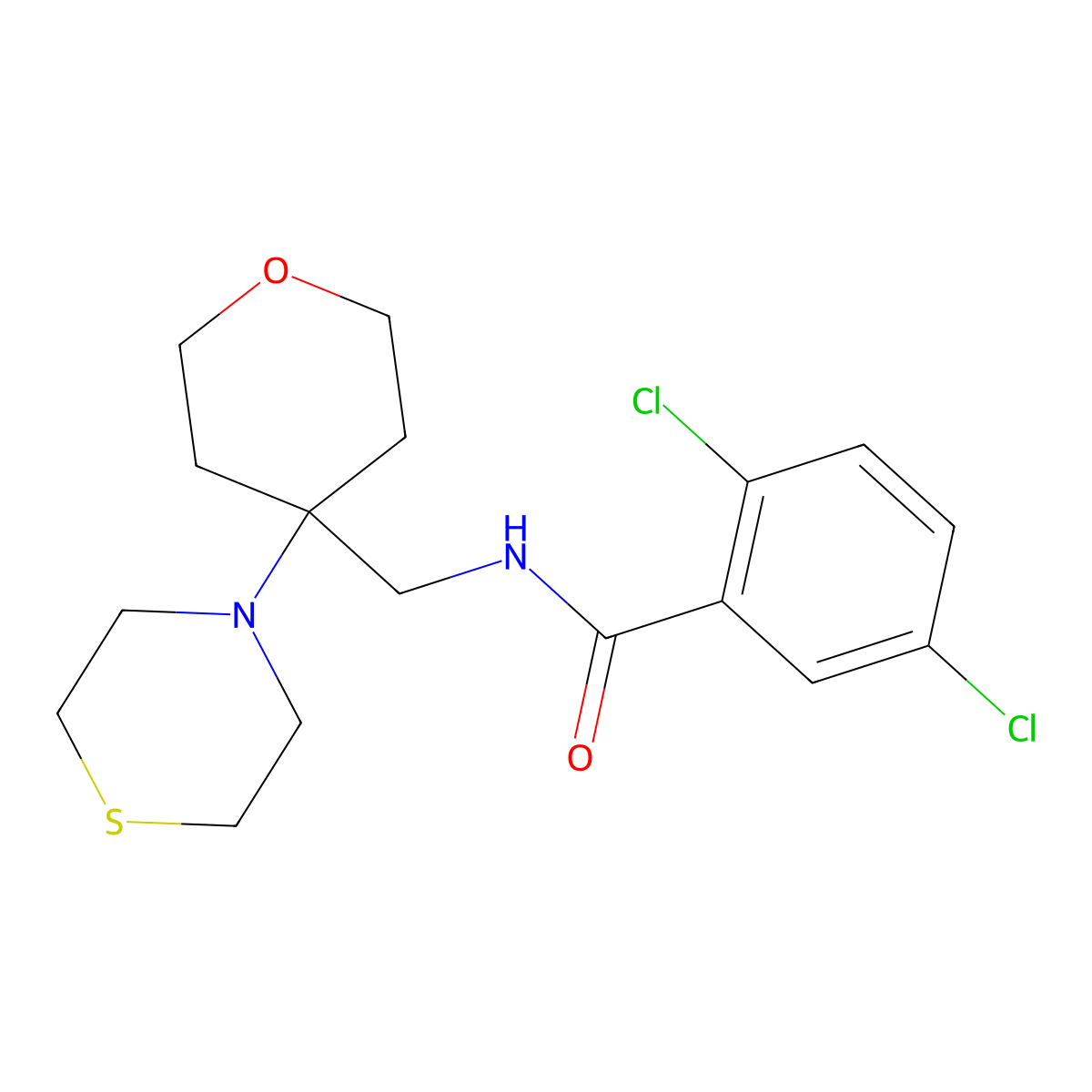 2,5-dichloro-N-{[4-(thiomorpholin-4-yl)oxan-4-yl]methyl}benzamide molecular structure, CAS 2415623-96-8