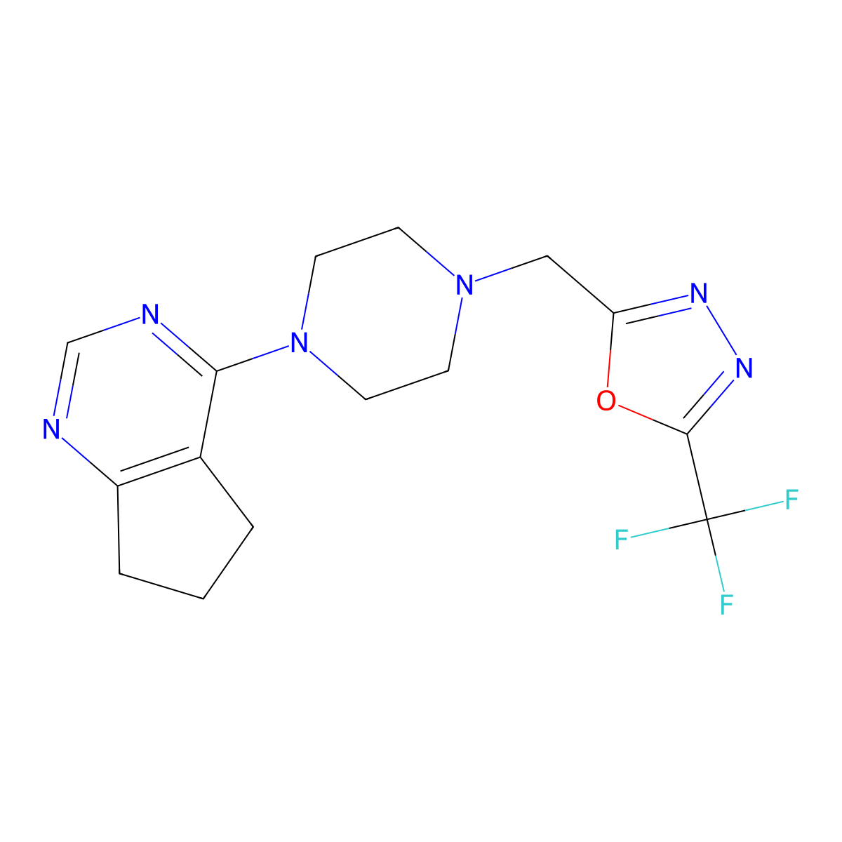 1-{5H,6H,7H-cyclopenta[d]pyrimidin-4-yl}-4-{[5-(trifluoromethyl)-1,3,4-oxadiazol-2-yl]methyl}piperazine molecular structure, CAS 2415623-97-9