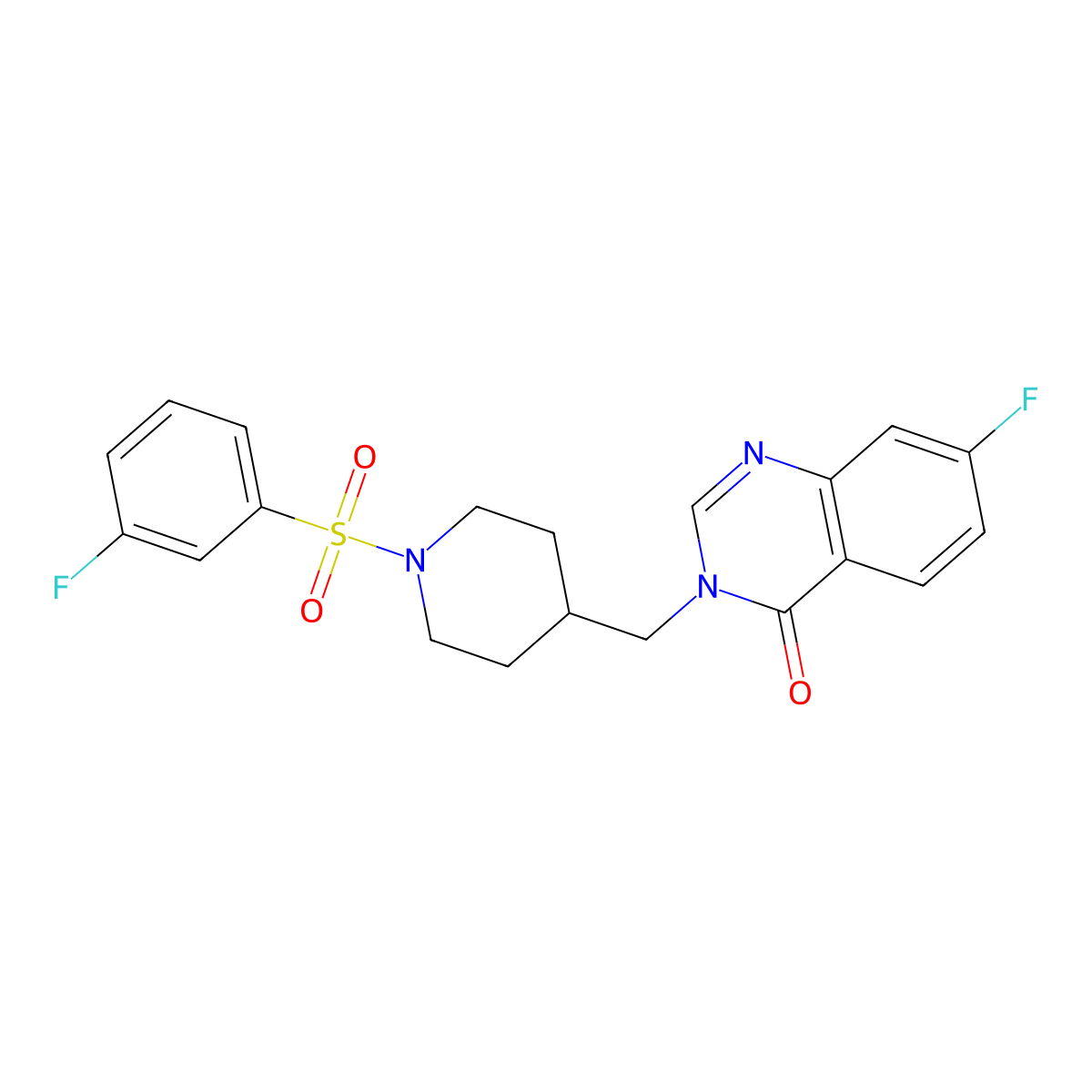 7-Fluoro-3-[[1-(3-fluorophenyl)sulfonylpiperidin-4-yl]methyl]quinazolin-4-one molecular structure, CAS 2415623-99-1