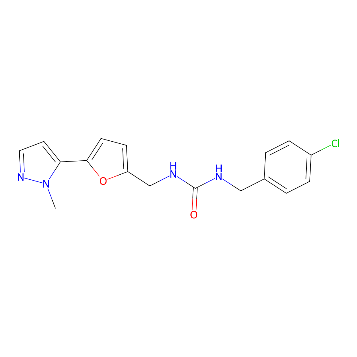 1-[(4-chlorophenyl)methyl]-3-{[5-(1-methyl-1H-pyrazol-5-yl)furan-2-yl]methyl}urea molecular structure, CAS 2415624-06-3