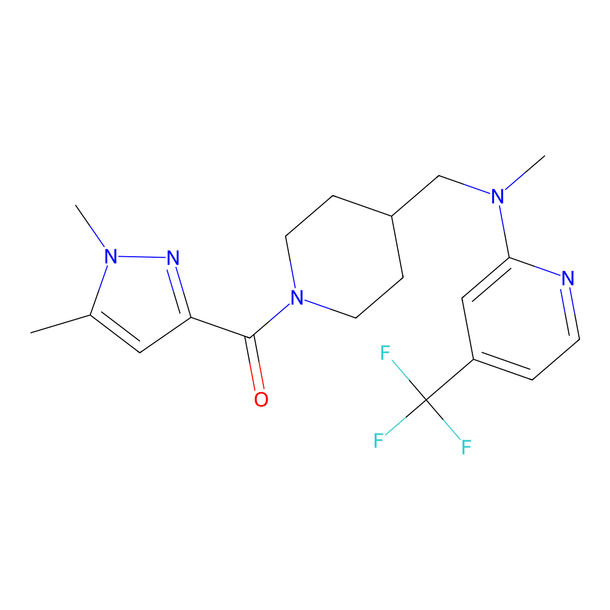 N-{[1-(1,5-dimethyl-1H-pyrazole-3-carbonyl)piperidin-4-yl]methyl}-N-methyl-4-(trifluoromethyl)pyridin-2-amine molecular structure, CAS 2415624-08-5